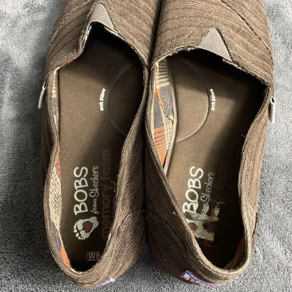 Skechers BOBS Womens Size 8 Brown Canvas Slip On Flats Memory Foam Comfort Shoes